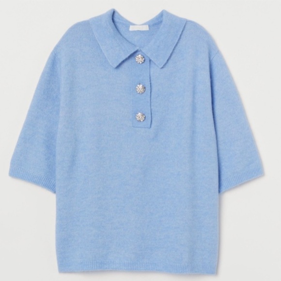 H&M Sweater Womens Size M Blue Wool Blend Rhinestone Flower Buttons SS Collar - Picture 2 of 14